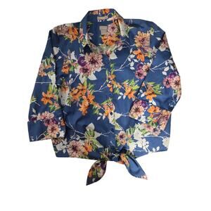 Chicos No Iron Front Waist Tie Shirt Blouse Floral Colorful Cuff Sleave Spring